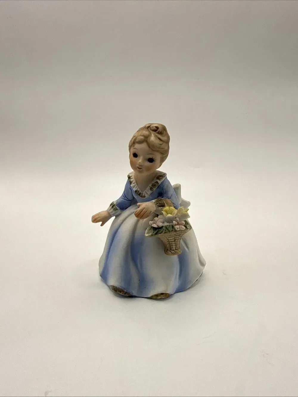 Vintage Ceramic Figurine Girl in Blue & White Dress Holding Flowers Japan *